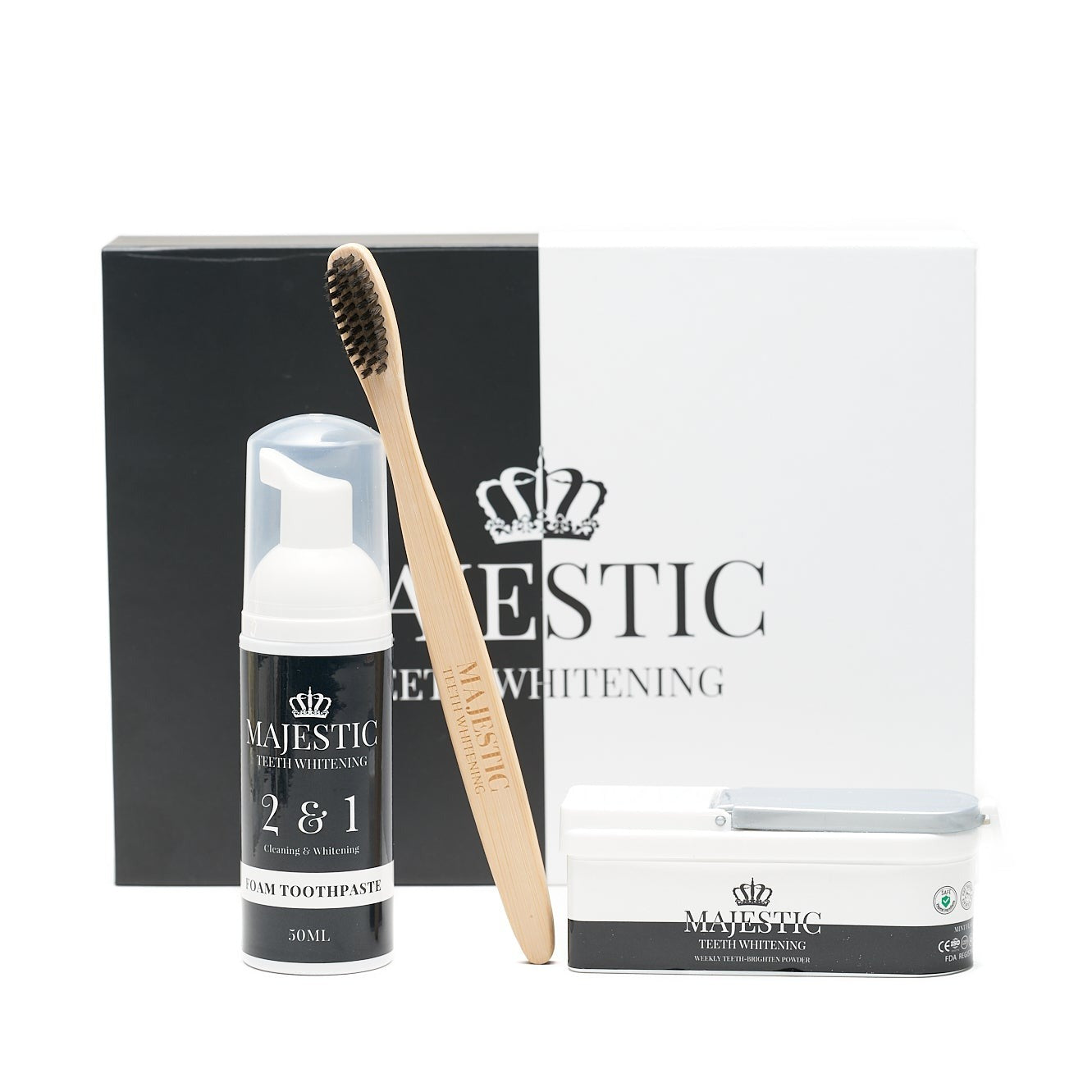 Bundle Inclusions: 1x Majestic Home Whitening Kit (2 person use) 1x Majestic Weekly Intensive Whitening Powder 1x Majestic Foam Toothpaste 2x Majestic Bamboo Toothbrush Best teeth whitening duo! The only thing you need for a whiter smile!