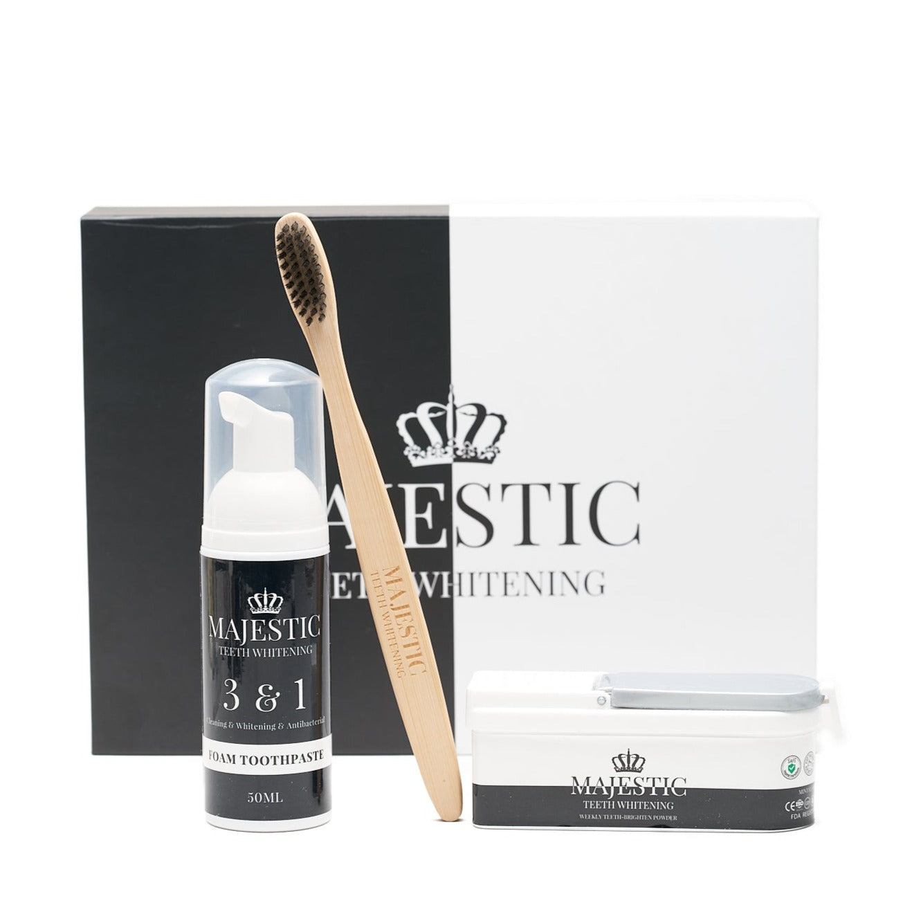 Bundle Inclusions: 1x Majestic Home Whitening Kit (2 person use) 1x Majestic Weekly Intensive Whitening Powder 1x Majestic Foam Toothpaste 2x Majestic Bamboo Toothbrush Best teeth whitening duo! The only thing you need for a whiter smile!